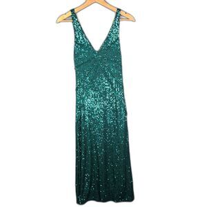 Zara Sequin Midi Dress Green S Sleeveless Deep V Party Cocktail